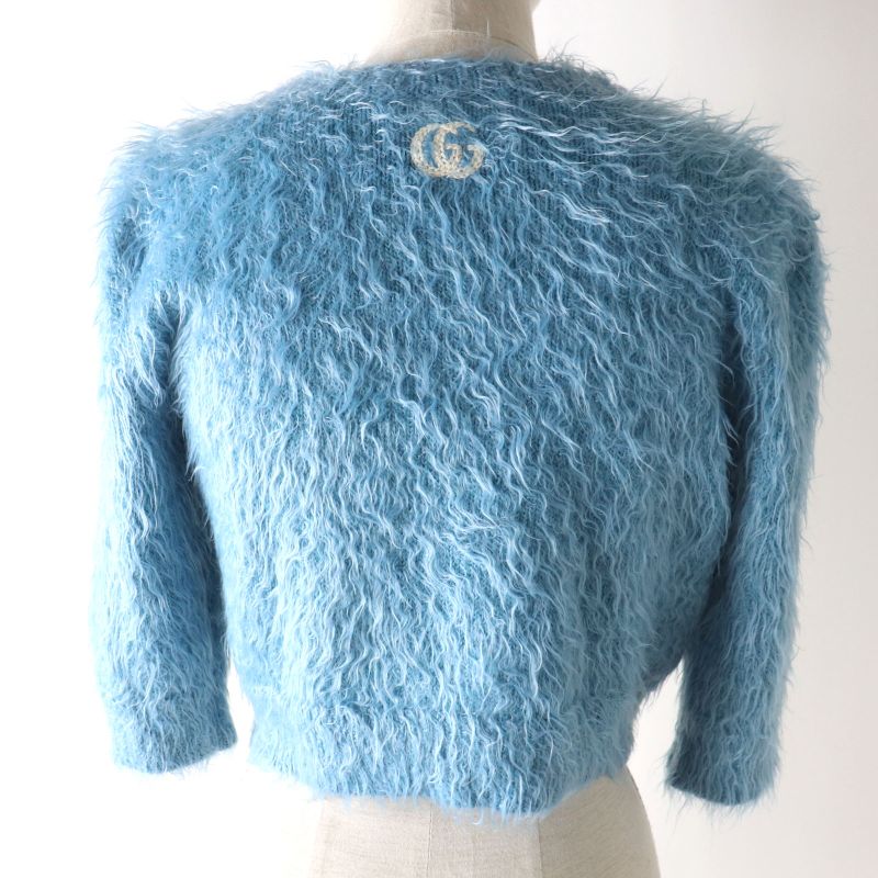 Gucci 695655 GG Embroidery Cubic Sleeve Cropped Knit Pullover Blue XS Made In