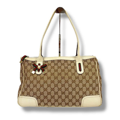 Gucci Tote Bag Brown Beige Ivory GG Canvas Sherry Line Ribbon