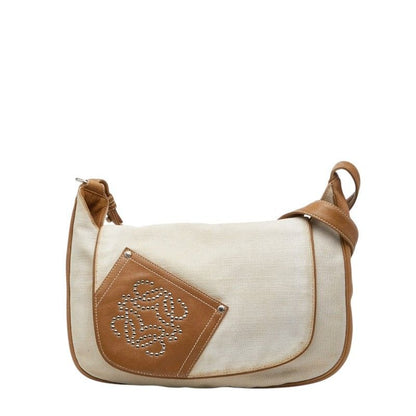 Loewe Anagram Studded Crossbody Shoulder Bag White Beige Canvas Leather