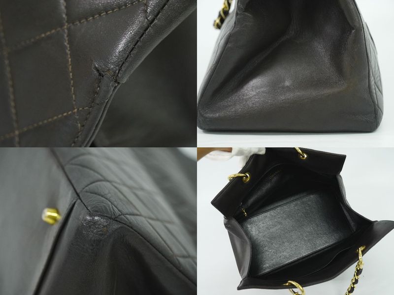 Authentic Chanel Matelasse Coco Mark Chain Tote Handbag Lambskin Leather Black