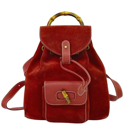 Authentic Gucci Bamboo Mini Backpack Sac Backpack Suede Leather Red Bamboo Bag