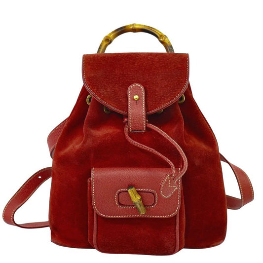 Authentic Gucci Bamboo Mini Backpack Sac Backpack Suede Leather Red Bamboo Bag