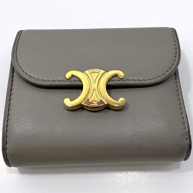 Celine Trifold Wallet Beige Triomphe Logo Leather Preowned