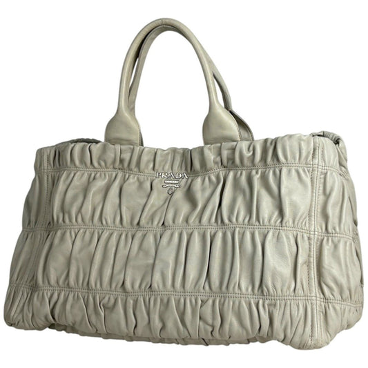 Prada Logo Tote Gathered Leather White
