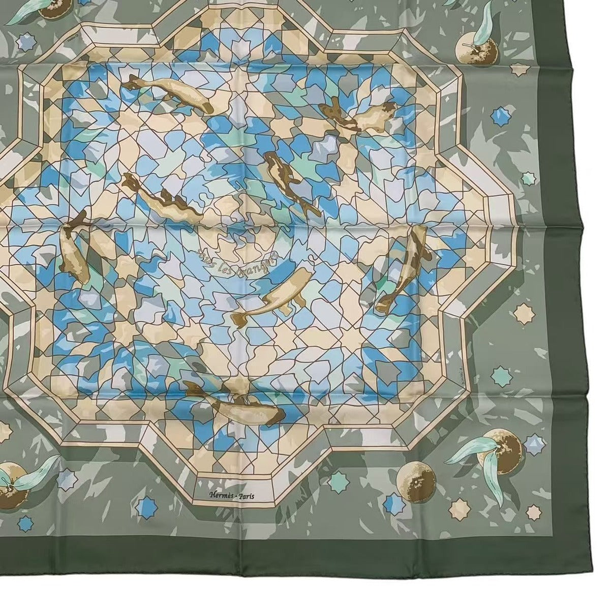 Hermes Carre 90 Silk Scarf Sous les Oranges Under the Orange Tree Green — view 4