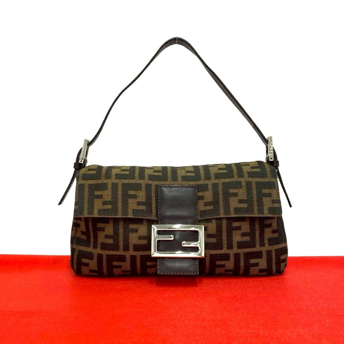 Fendi Mamma Bucket Zucca FF Logo Pattern Canvas Leather Shoulder Bag Brown