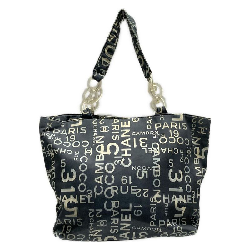 Chanel Tote Bag Vichy Line Ivory×dark Gray Cotton