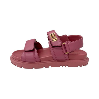 Christian Dioract Sandals Shoes Leather Pink Gold Unused Velcro Strap Logo