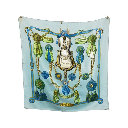 Hermes Frontaux Et Cocardes Carré 90 Sky Blue Light Green Silk Scarf Large