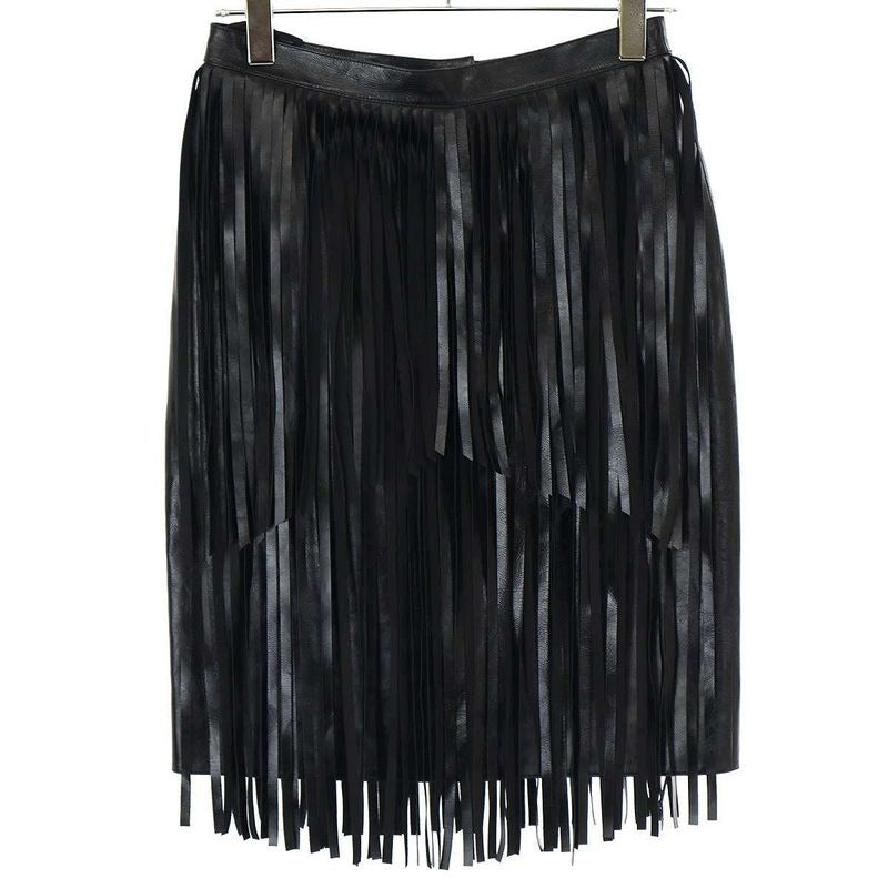 Chanel 2022 Resort Collection Cow Leather Fringe Skirt C2466 Black 38