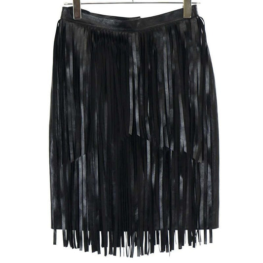 Chanel 2022 Resort Collection Cow Leather Fringe Skirt C2466 Black 38