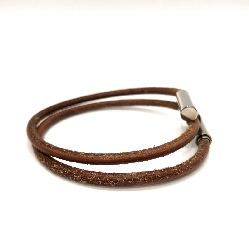 Hermes Bracelet Tourni Leather Brown and Silver Color Used 005090