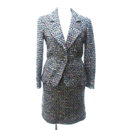 Chanel Mixed Tweed Set Suit Jacket Skirt Coco Mark Mouton Switching Multicolor 34