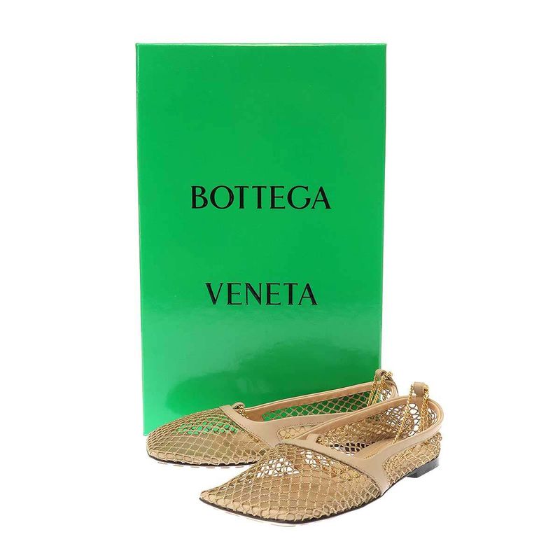 Bottega Veneta Stretch Ballerina Square Toe Mesh Chain Flat Shoes Beige 34 1 2
