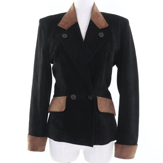 Hermes Vintage Logo Button Bicolor Suede Leather Tailored Jacket Black