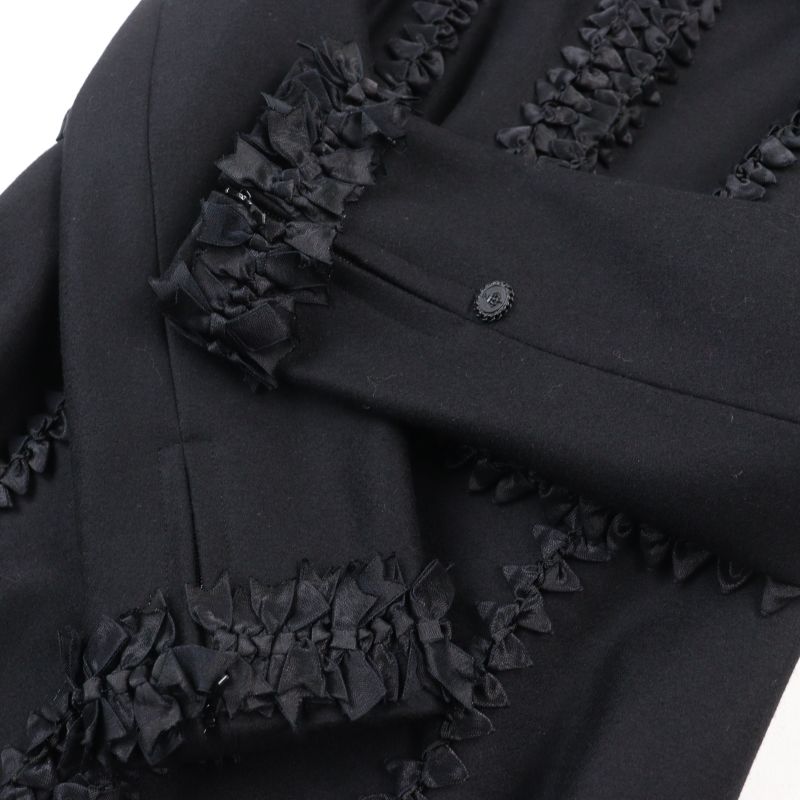 CHANEL 08A P33334 Wool Cashmere Mix Ribbon Embellished Zip Up Coat With Coco