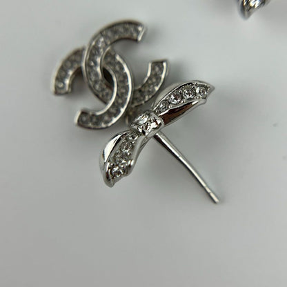 Chanel Coco Mark Accessories Ribbon Earrings Silver B18P Vintage Ladies