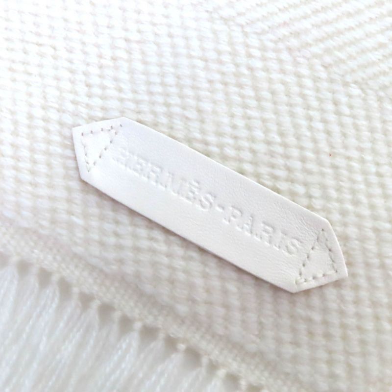 Hermes Chevron Zoom 100% Cashmere Leather With Logo Patch Fringe Shawl Scarf