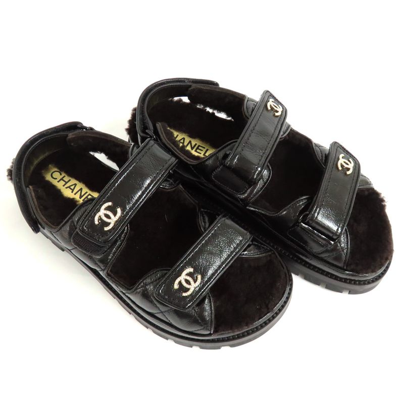 Chanel Sandals 23K G45291 Boa Rhinestone Coco Mark 38 Black Leather