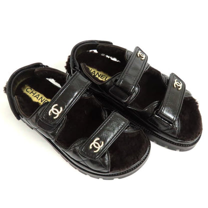 Chanel Sandals 23K G45291 Boa Rhinestone Coco Mark 38 Black Leather