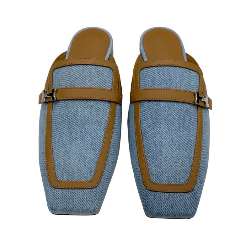 Hermes Groupie Flat Shoes Denim Leather Light Blue Brown Unused Mule Slipper