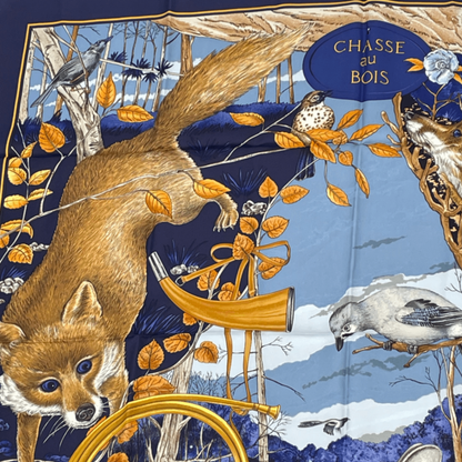 Hermes Carre 90 Chasse Au BOIS Hunting In The Woods Blue Scarf 100% Silk