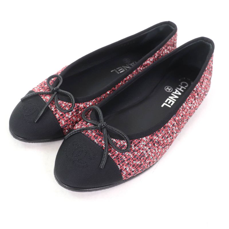 CHANEL G02819 Coco Mark Sequins Flat Shoes With Ribbon Pinkish 36.5 Storage