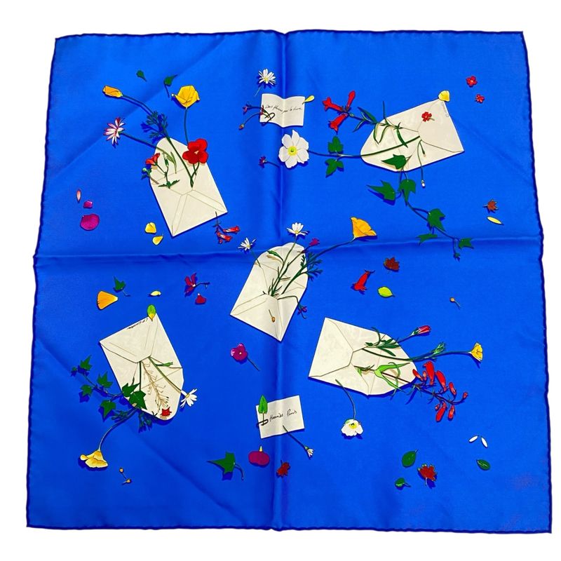 Hermes Scarf Silk Floral Letter Blue With Box