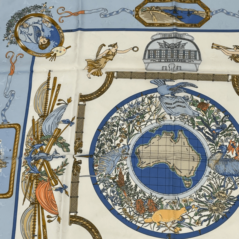 Hermes Carre 90 LE Geographe Geographer Blue And Multicolor 100% Silk