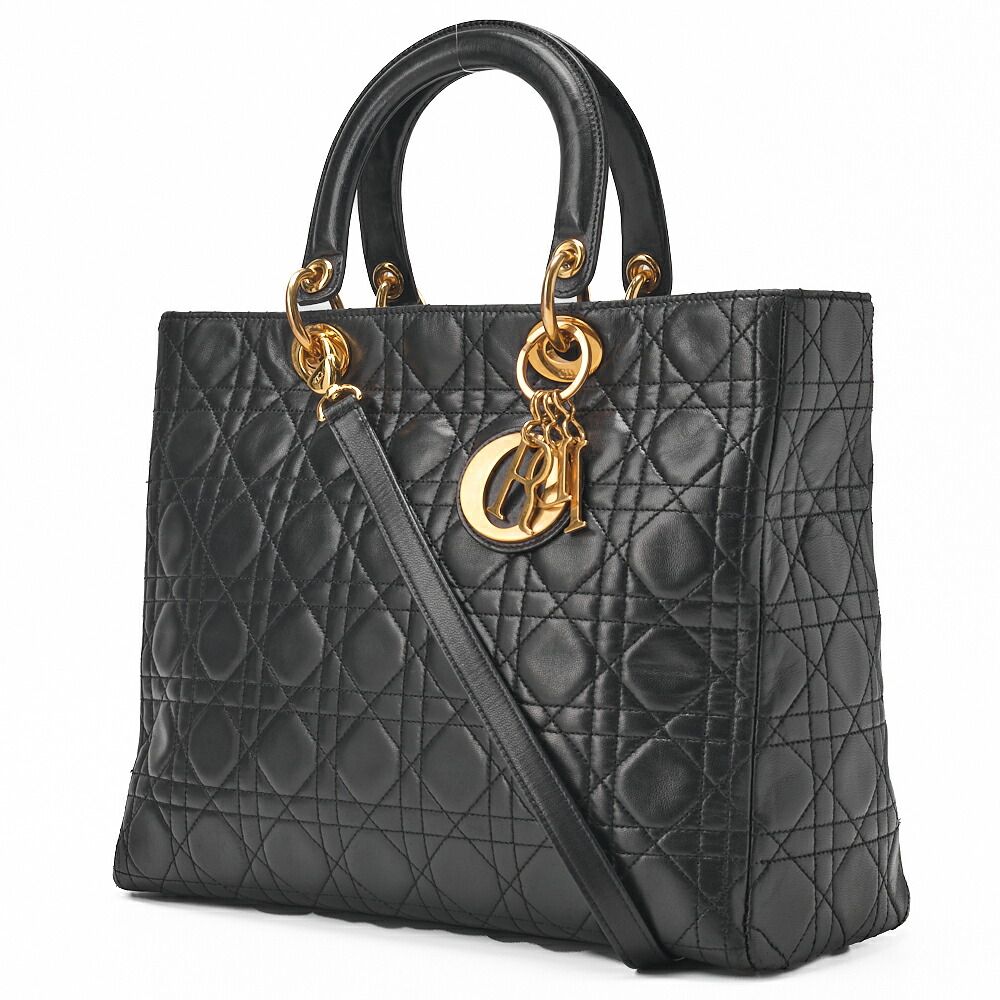 DIOR Lady Dior Cannage Handbag 2-way Lamb Skin Black Large Size (gold Hardware)