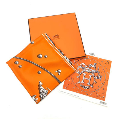 Hermes Carre 90 VIF Argent Silver Drops Orange Silk Scarf With Box