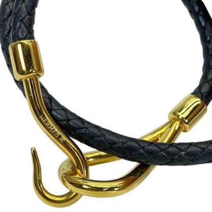 Hermes Jumbo Bracelet Bangle Choker Small Item Logo Leather GP Black Gold