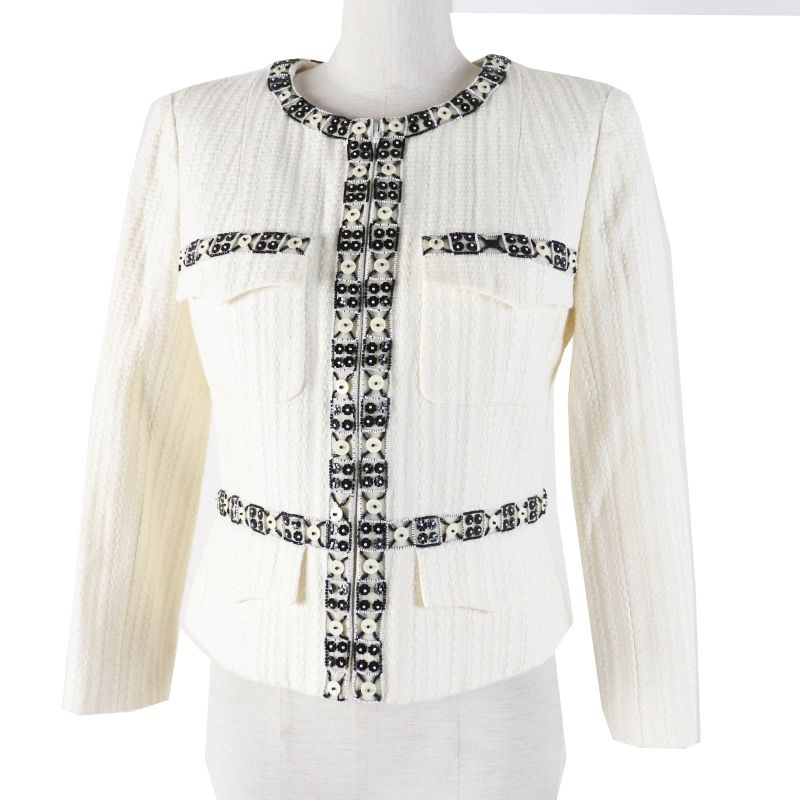 CHANEL 03P P21247 Cotton Linen Blend Coco Beaded Decoration Collarless Single