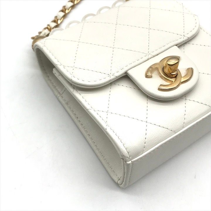 Chanel Mini Quilted Leather Chain Pearl Shoulder Bag White
