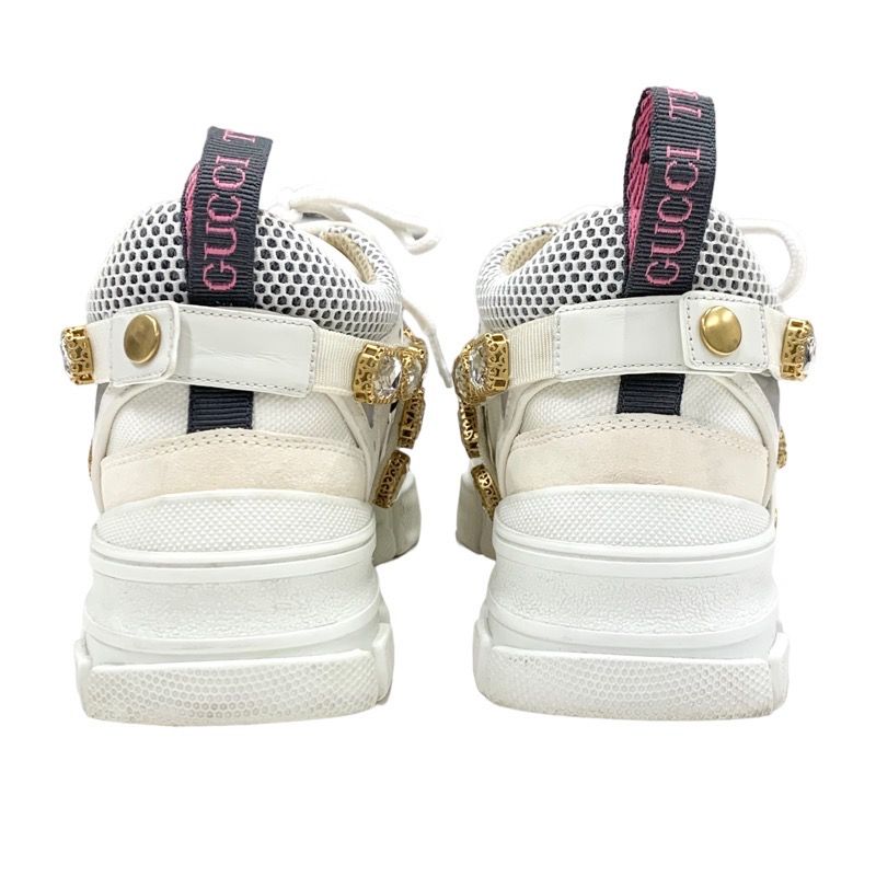 Gucci Flashtrek Sneakers Shoes Leather Fabric White Beige White Gold Logo Bijou