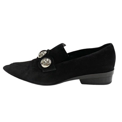Hermes Loafers Leather Shoes Suede Black Silver Round Studs Flat Shoes
