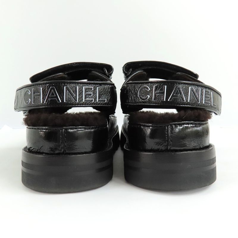 Chanel Sandals 23K G45291 Boa Rhinestone Coco Mark 38 Black Leather