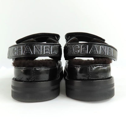 Chanel Sandals 23K G45291 Boa Rhinestone Coco Mark 38 Black Leather