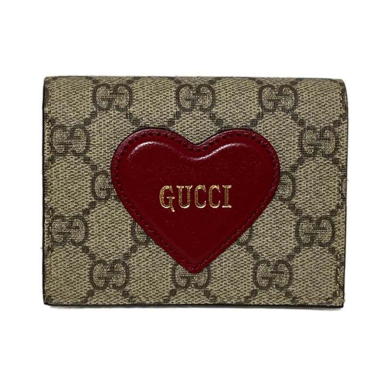 Gucci Business Card Holder GG Plus GG Supreme 648848 Beige And Bordeaux Leather