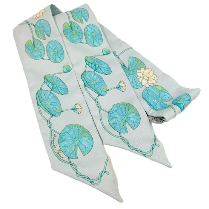 Hermes Twilly Scarf 100% Silk Lotus Flower Light Blue Multicolor