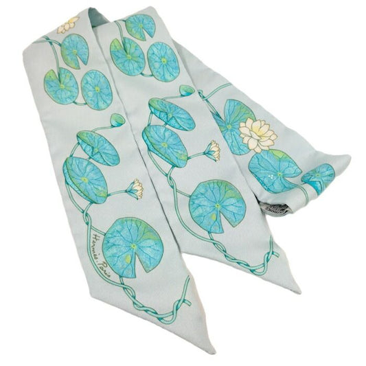 Hermes Twilly Scarf 100% Silk Lotus Flower Light Blue Multicolor