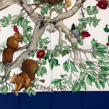 Hermes Carre 90 Silk U Coeur DES BOIS In The Woods Scarf Navy