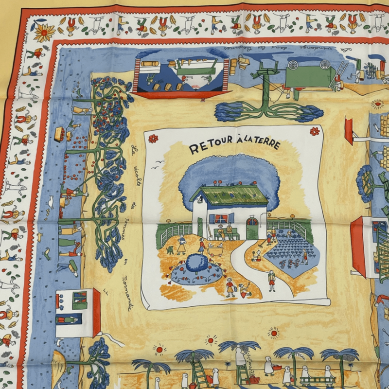Hermes Carre 90 RE TOUR A LA Terre Homeward Bound Yellow 100% Silk Scarf
