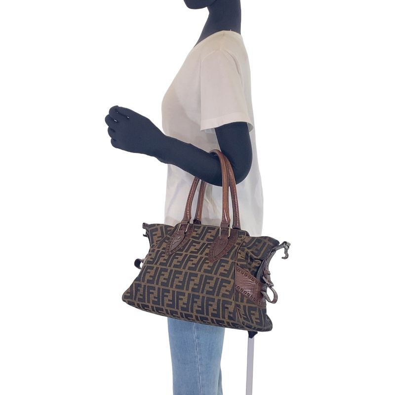 Fendi Zucca Pattern Etnico Brown Canvas/leather Shoulder Bag Handbag Tote Bag