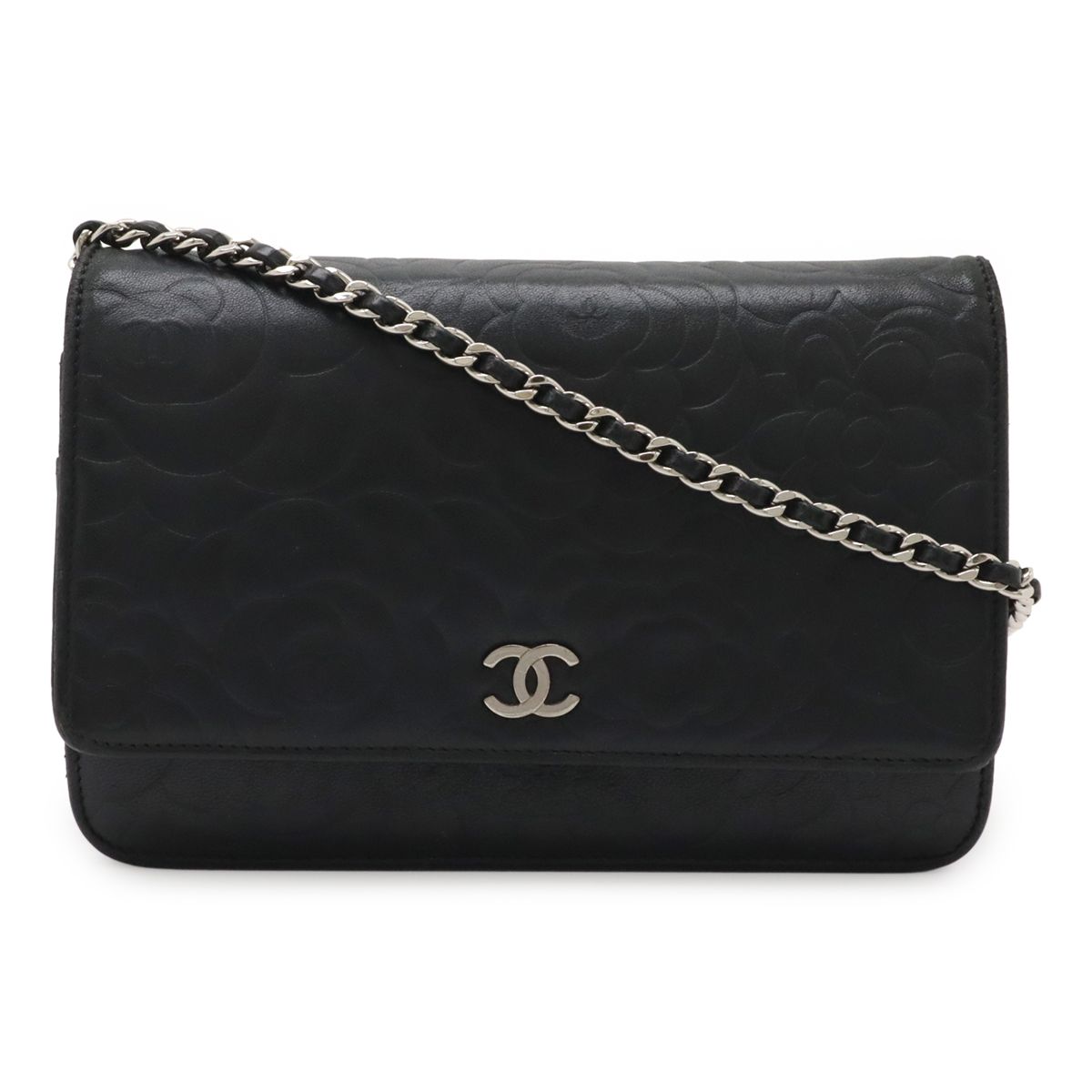 Chanel Camellia Coco Mark Chain Wallet Shoulder Bag Pochette Lambskin Leather