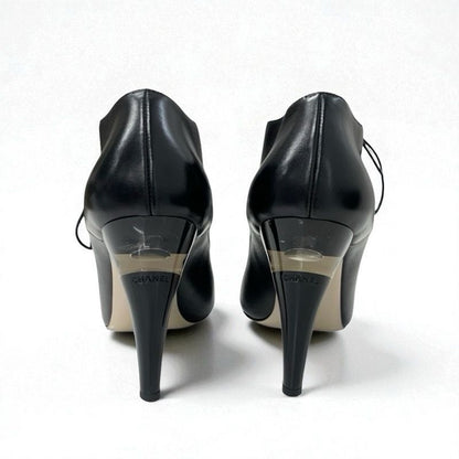 Chanel Boots Short Boots Shoes Leather Black Lace Up Pearl Booties