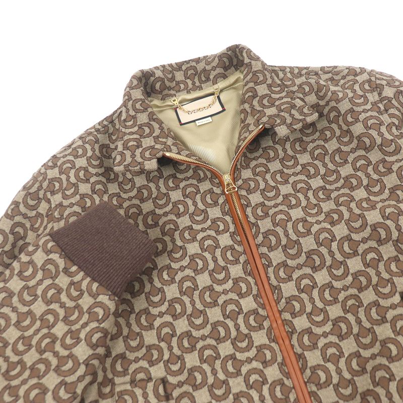 Gucci 694157 Wool Silk Horsebit Allover Pattern Jacquard Blouson Jacket Brown
