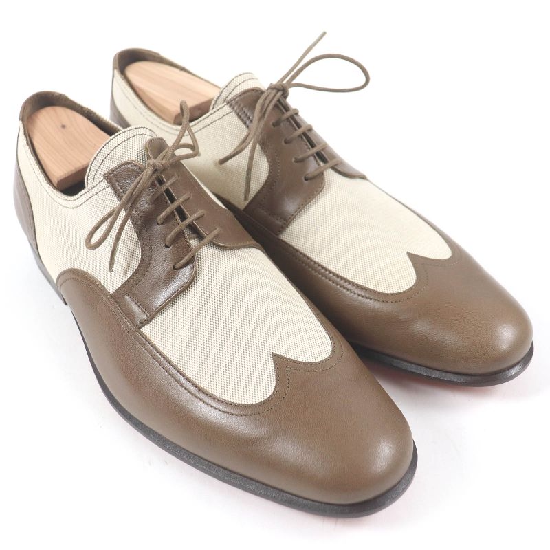 Hermes Wingtip Lace-up Canvas Leather Dress Shoes Brown 40.5 Made In France