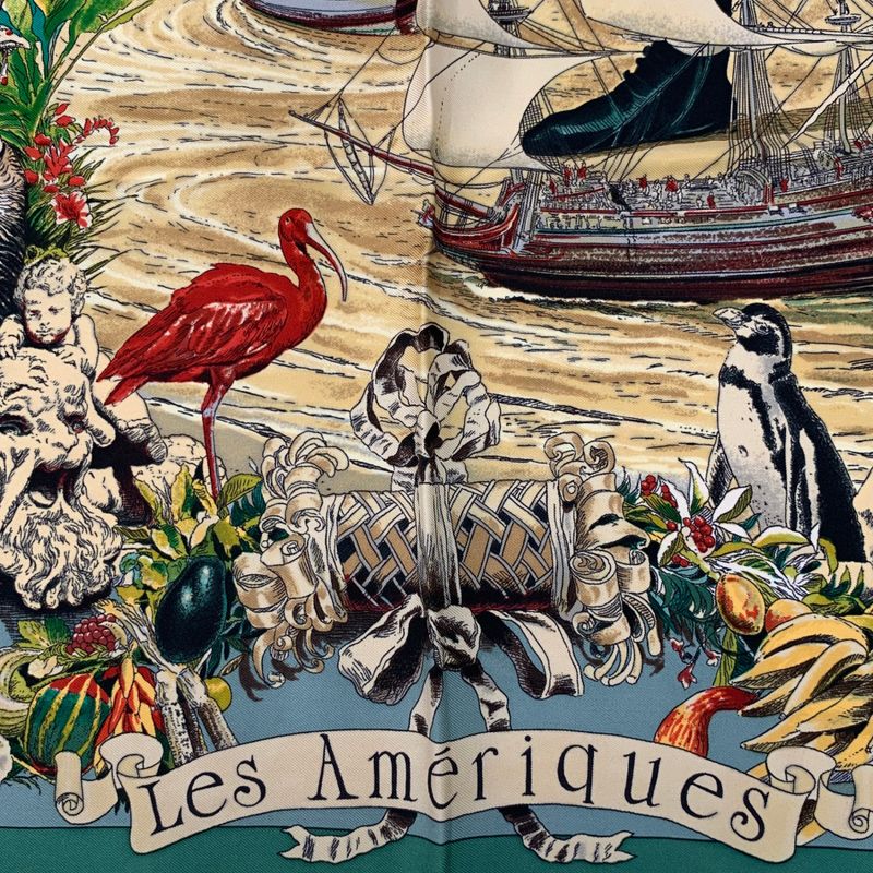 Hermes Carre 90 Les Ameriques Americas Columbus Scarf Green