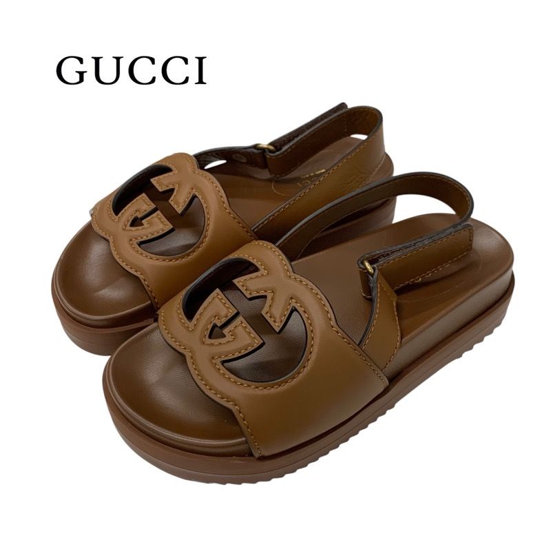 Gucci Sandals Shoes Leather Brown Unused Interlocking G Velcro